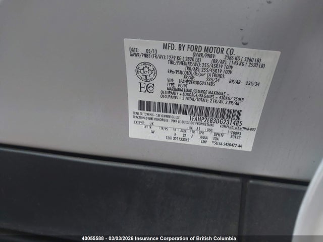 40055588 :رقم المزاد ، 1FAHP2E83DG231485 vin ، 2013 Ford Taurus Sel مزاد بيع