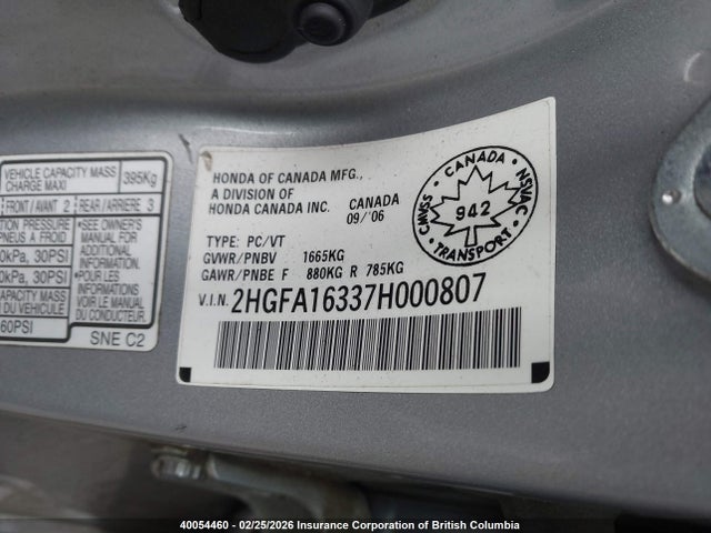 Продажа на аукционе авто 2007 Honda Civic Dx, vin: 2HGFA16337H000807, номер лота: 40054460