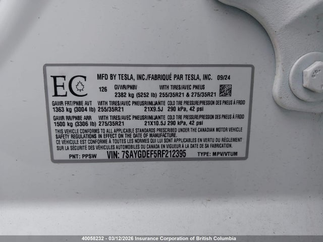 Aukcja sprzedaży 2024 Tesla Model Y, vin: 7SAYGDEF5RF212395, numer aukcji: 40058232