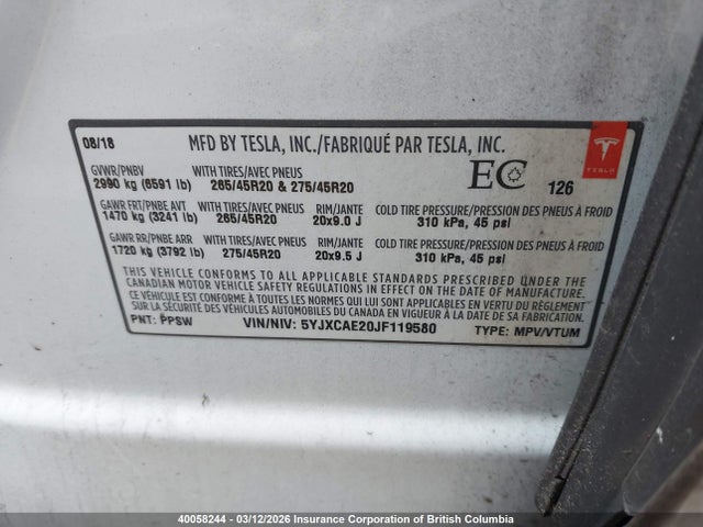 5YJXCAE20JF119580 Tesla Model X Awd/standard Range