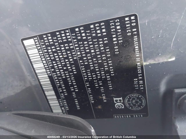 40058249 :رقم المزاد ، 3VVEX7B24NM001067 vin ، 2022 Volkswagen Taos مزاد بيع