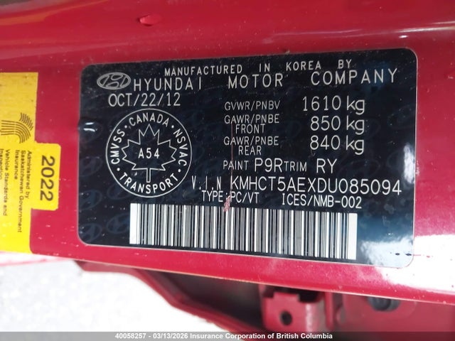 40058257 :رقم المزاد ، KMHCT5AEXDU085094 vin ، 2013 Hyundai Accent Gl مزاد بيع