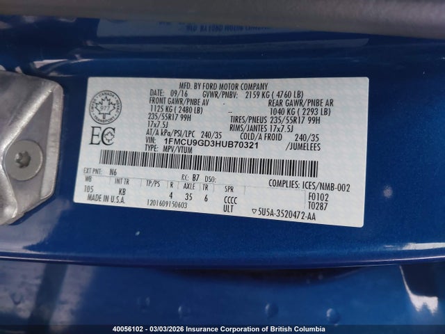 2017 Ford Escape Se მანქანა იყიდება აუქციონზე, vin: 1FMCU9GD3HUB70321, აუქციონის ნომერი: 40056102