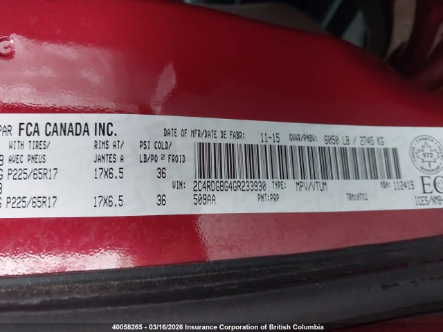 Aukcja sprzedaży 2016 Dodge Grand Caravan Se, vin: 2C4RDGBG4GR233930, numer aukcji: 40058265