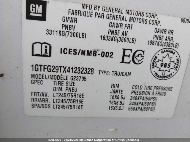 Aukcja sprzedaży 2004 Gmc Savana G2500, vin: 1GTFG29TX41232328, numer aukcji: 40058270
