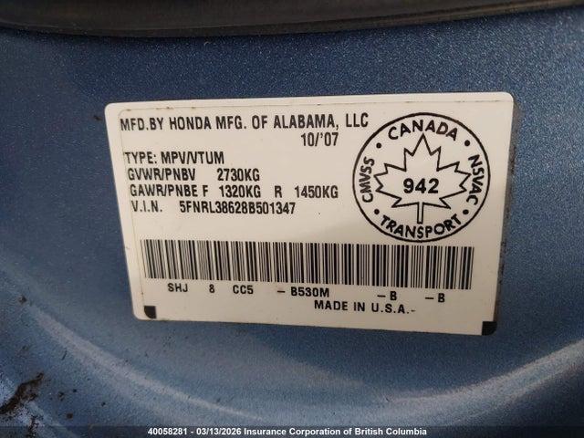 40058281 :رقم المزاد ، 5FNRL38628B501347 vin ، 2008 Honda Odyssey Exl مزاد بيع