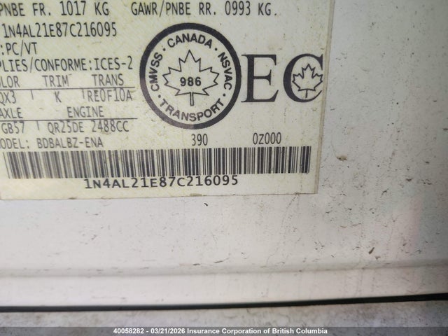 40058282 :رقم المزاد ، 1N4AL21E87C216095 vin ، 2007 Nissan Altima 2.5/2.5s مزاد بيع