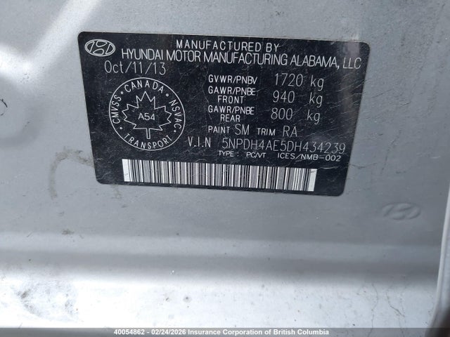 2013 Hyundai Elantra Gls/limited მანქანა იყიდება აუქციონზე, vin: 5NPDH4AE5DH434239, აუქციონის ნომერი: 40054862