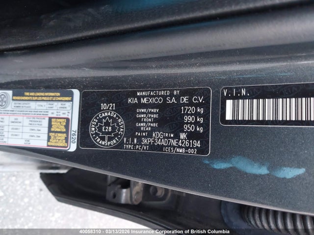 3KPF34AD7NE426194 KIA Forte