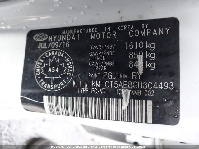 40058315 :رقم المزاد ، KMHCT5AE8GU304493 vin ، 2016 Hyundai Accent Se مزاد بيع
