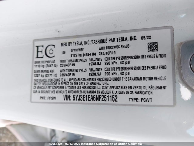 Tesla MODEL 3 2022 5YJ3E1EA6NF251152 Image 9