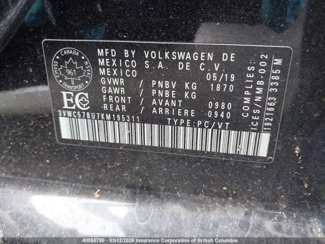 3VWC57BU7KM195311 Volkswagen Jetta S/se/r-line
