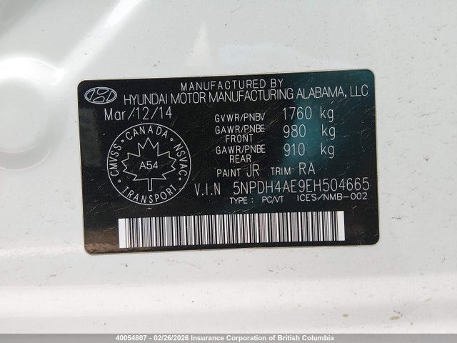 40054807 :رقم المزاد ، 5NPDH4AE9EH504665 vin ، 2014 Hyundai Elantra Se/sport/limited مزاد بيع
