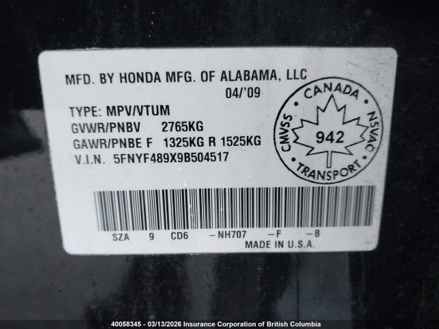 Aukcja sprzedaży 2009 Honda Pilot, vin: 5FNYF489X9B504517, numer aukcji: 40058345