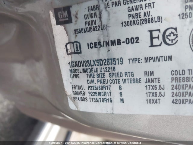2005 Chevrolet Uplander Ls მანქანა იყიდება აუქციონზე, vin: 1GNDV23LX5D287519, აუქციონის ნომერი: 40056867