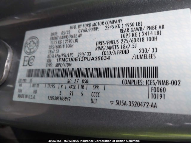 Aukcja sprzedaży 2023 Ford Escape, vin: 1FMCU0E13PUA35634, numer aukcji: 40057865
