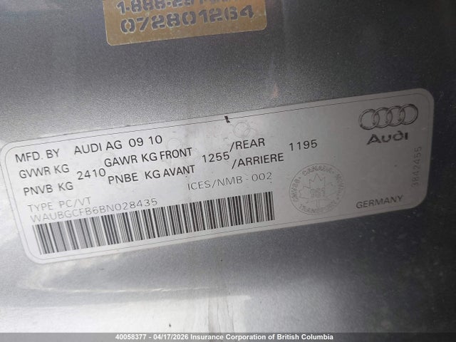 40058377 :رقم المزاد ، WAUBGCFB6BN028435 vin ، 2011 Audi A6 مزاد بيع