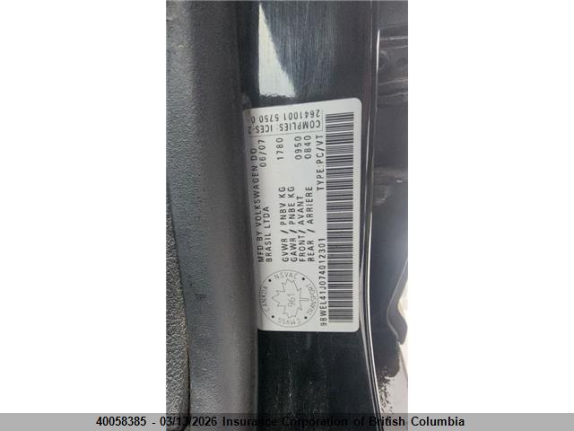 40058385 :رقم المزاد ، 9BWEL41J074012301 vin ، 2007 Volkswagen Golf مزاد بيع