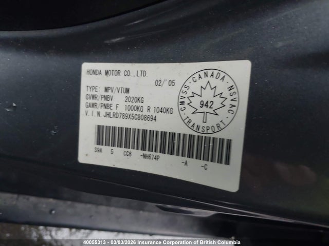 Aukcja sprzedaży 2005 Honda Cr-v Se/ex, vin: JHLRD789X5C808694, numer aukcji: 40055313