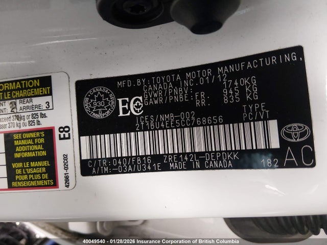 Aukcja sprzedaży 2012 Toyota Corolla S/le, vin: 2T1BU4EE5CC768656, numer aukcji: 40049540