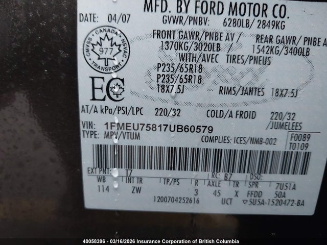 40058396 :رقم المزاد ، 1FMEU75817UB60579 vin ، 2007 Ford Explorer Limited مزاد بيع