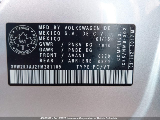40058397 :رقم المزاد ، 3VW2K7AJ2FM281109 vin ، 2015 Volkswagen Jetta مزاد بيع