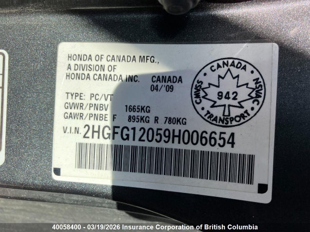 Aukcja sprzedaży 2009 Honda Civic, vin: 2HGFG12059H006654, numer aukcji: 40058400