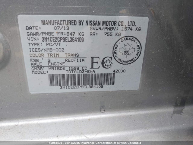 Продажа на аукционе авто 2014 Nissan Versa, vin: 3N1CE2CP9EL364109, номер лота: 40058409