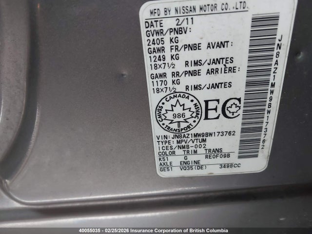 Aukcja sprzedaży 2011 Nissan Murano S/sl/le, vin: JN8AZ1MW9BW173762, numer aukcji: 40055035