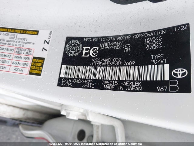JTDBDMHE9S3017689 Toyota Corolla Le/se