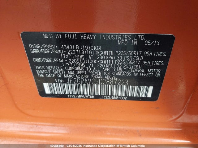 Продаж на аукціоні авто 2013 Subaru Xv Crosstrek 2.0 Premium, vin: JF2GPAVC5D2887223, номер лоту: 40055500