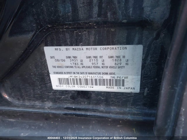 40044403 :رقم المزاد ، JM1BK343071631506 vin ، 2007 Mazda 3 Hatchback مزاد بيع