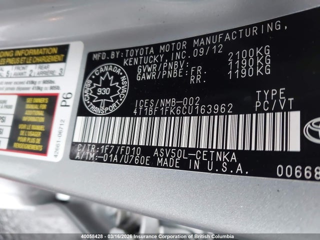 Aukcja sprzedaży 2012 Toyota Camry, vin: 4T1BF1FK6CU163962, numer aukcji: 40058428