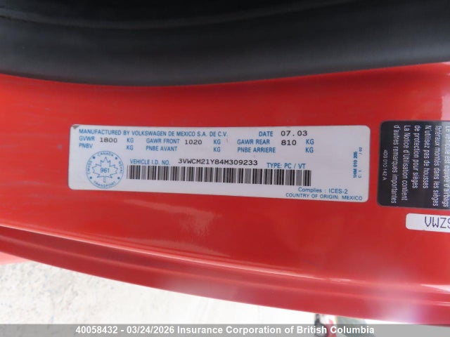 Продаж на аукціоні авто 2004 Volkswagen New Beetle Gls, vin: 3VWCM21Y84M309233, номер лоту: 40058432