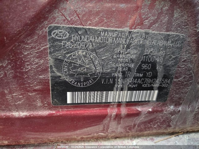 40058440 :رقم المزاد ، 5NPEB4AC7BH243584 vin ، 2011 Hyundai Sonata Gls مزاد بيع