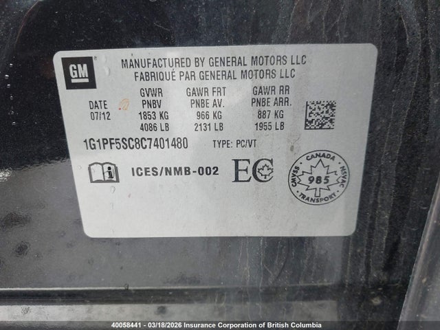 Продаж на аукціоні авто 2012 Chevrolet Cruze, vin: 1G1PF5SC8C7401480, номер лоту: 40058441