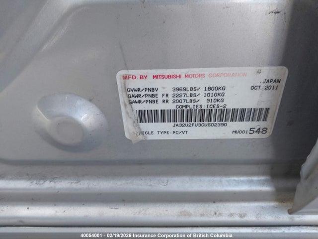 40054001 :رقم المزاد ، JA32U2FU3CU602390 vin ، 2012 Mitsubishi Lancer Es/es Sport مزاد بيع