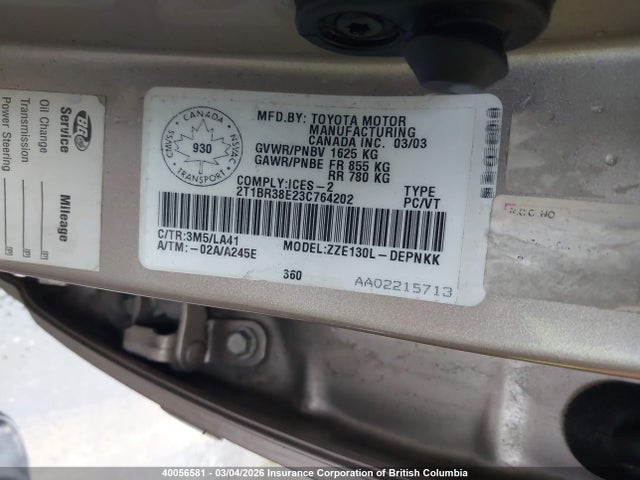 Aukcja sprzedaży 2003 Toyota Corolla Ce/le/s, vin: 2T1BR38E23C764202, numer aukcji: 40056581