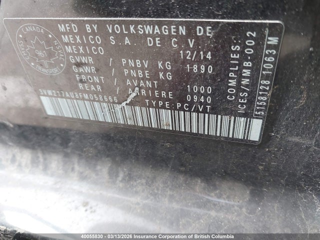 40055830 :رقم المزاد ، 3VW217AU8FM058666 vin ، 2015 Volkswagen Golf مزاد بيع