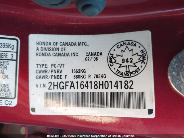 Aukcja sprzedaży 2008 Honda Civic, vin: 2HGFA16418H014182, numer aukcji: 40058493