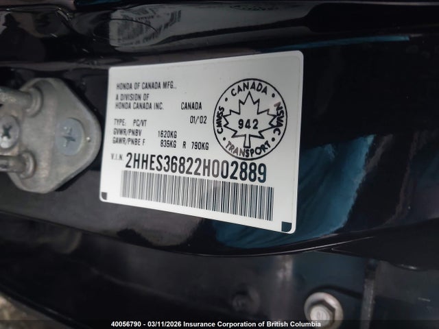 Aukcja sprzedaży 2002 Acura 1.7el Premium, vin: 2HHES36822H002889, numer aukcji: 40056790