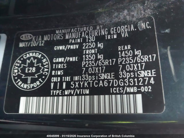 Aukcja sprzedaży 2013 Kia Sorento Lx, vin: 5XYKTCA67DG331274, numer aukcji: 40045899
