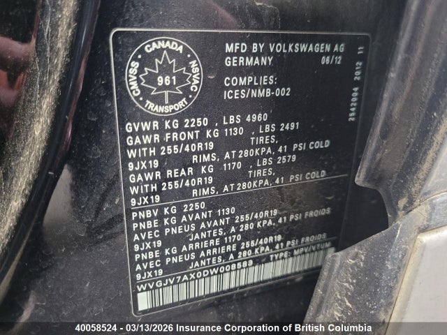 Продажа на аукционе авто 2013 Volkswagen Tiguan S/se/sel, vin: WVGJV7AX0DW008589, номер лота: 40058524