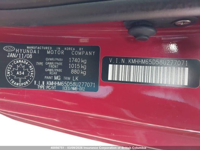 Aukcja sprzedaży 2008 Hyundai Tiburon Gs, vin: KMHHM65D58U277071, numer aukcji: 40056751