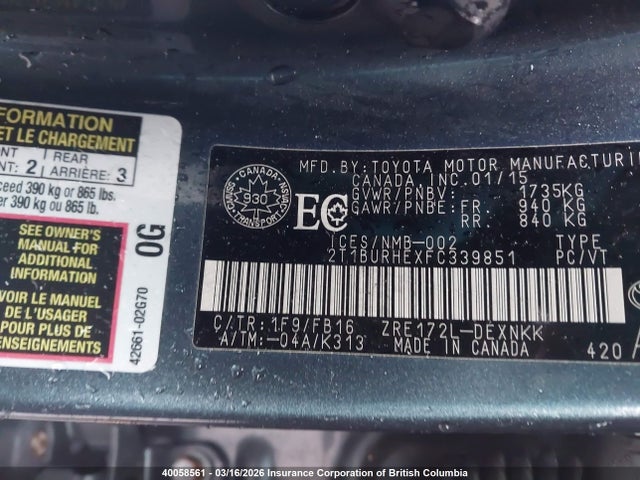 Aukcja sprzedaży 2015 Toyota Corolla L/le/le Pls/prm/s/s Pls, vin: 2T1BURHEXFC339851, numer aukcji: 40058561
