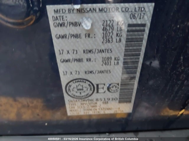 Продажа на аукционе авто 2017 Nissan Rogue, vin: 5N1AT2MV9HC851930, номер лота: 40058581