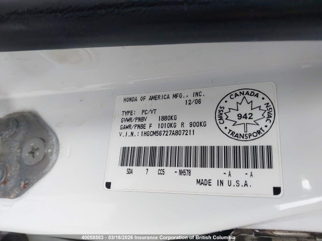 Aukcja sprzedaży 2007 Honda Accord Ex, vin: 1HGCM56727A807211, numer aukcji: 40058583