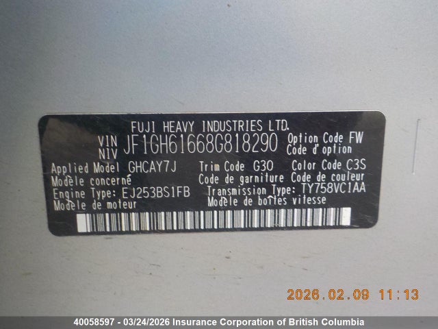 2008 Subaru Impreza 2.5i მანქანა იყიდება აუქციონზე, vin: JF1GH61668G818290, აუქციონის ნომერი: 40058597