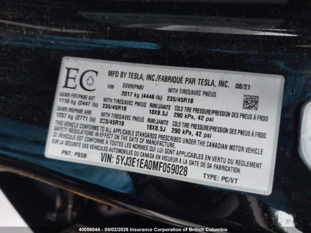 Aukcja sprzedaży 2021 Tesla Model 3, vin: 5YJ3E1EA0MF059028, numer aukcji: 40056044