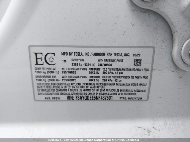 Aukcja sprzedaży 2022 Tesla Model Y Long Range, vin: 7SAYGDEE5NF437501, numer aukcji: 40058608